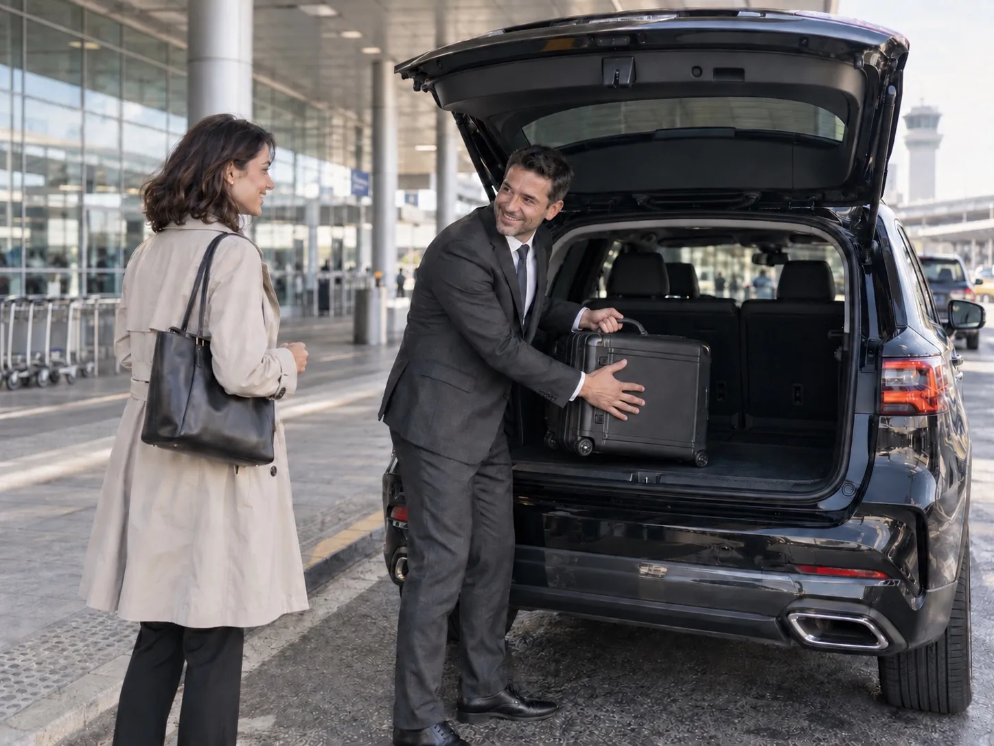 A driver helping a traveler load her suitcase into an SUV at airport arrivals