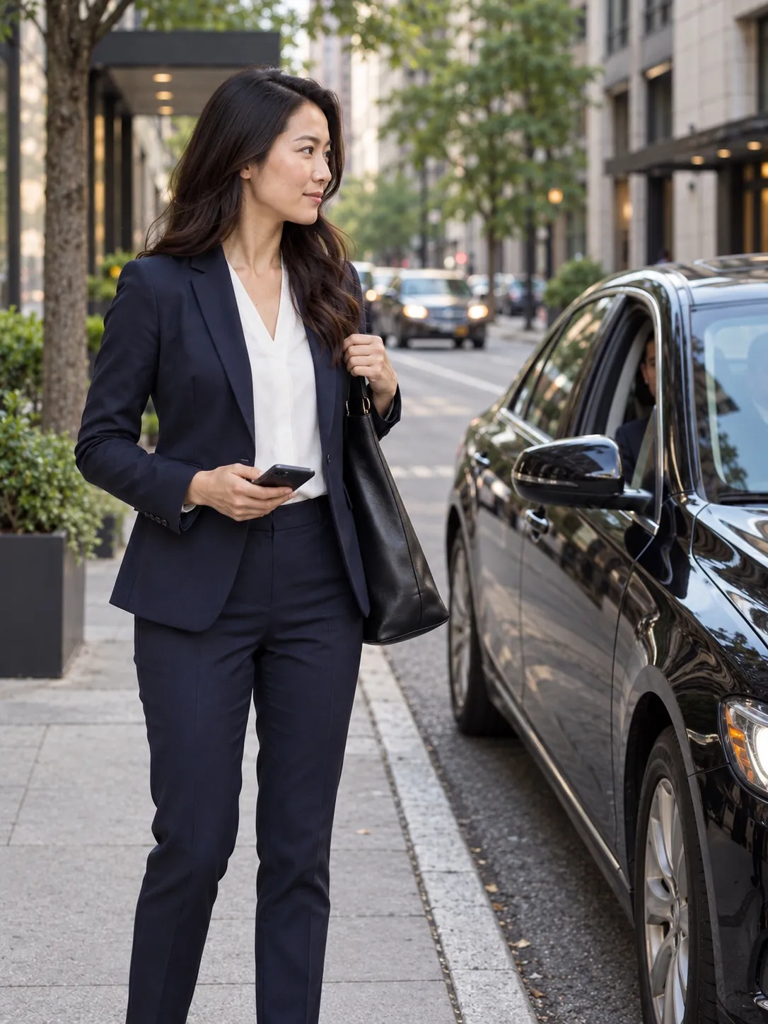 A businesswoman waiting for her car outside an office