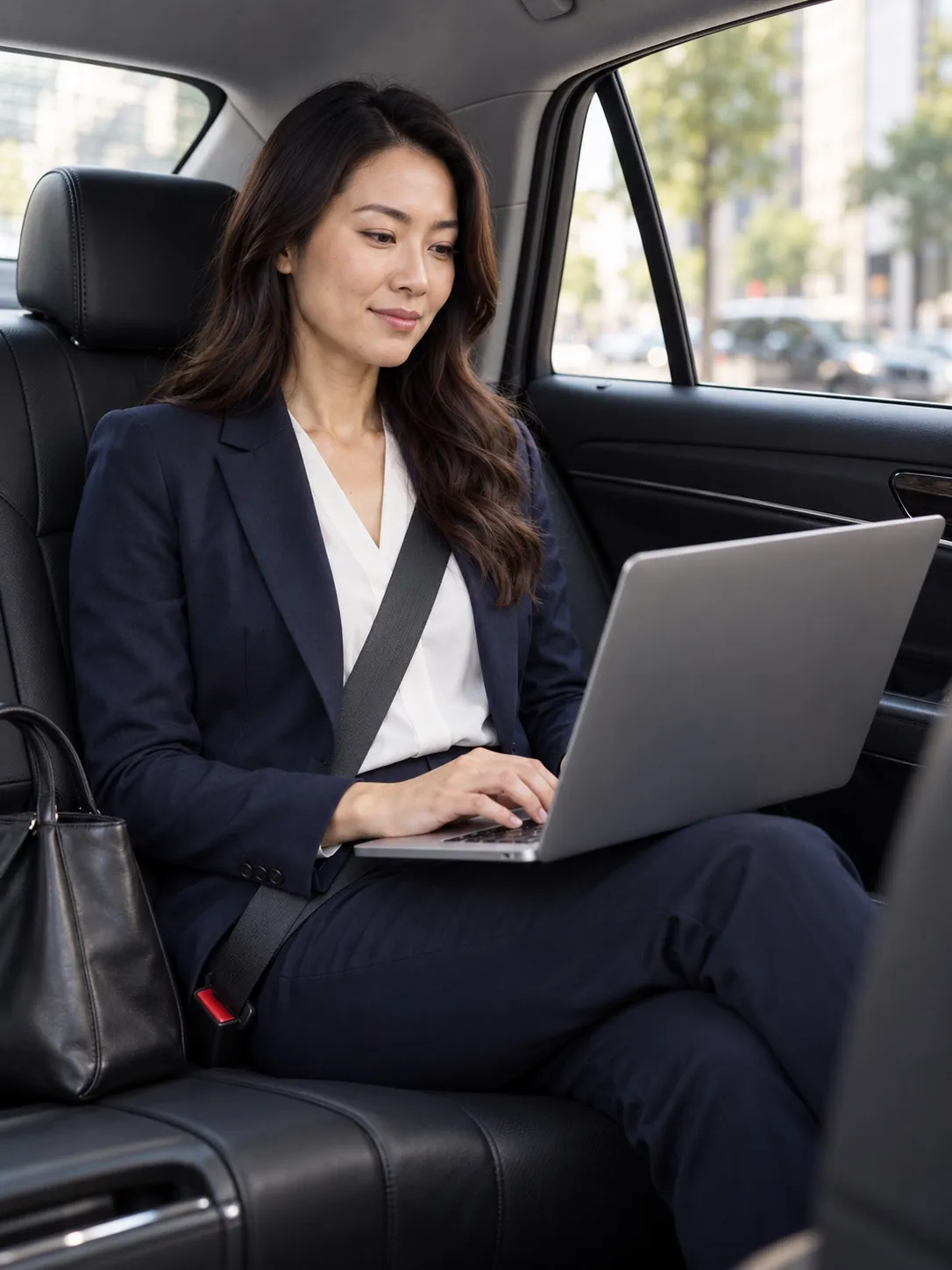The same businesswoman working on her laptop in the back seat