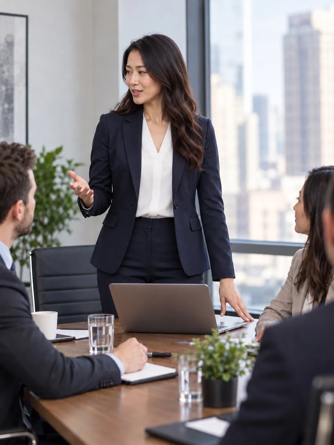 The same businesswoman confidently leading a business meeting