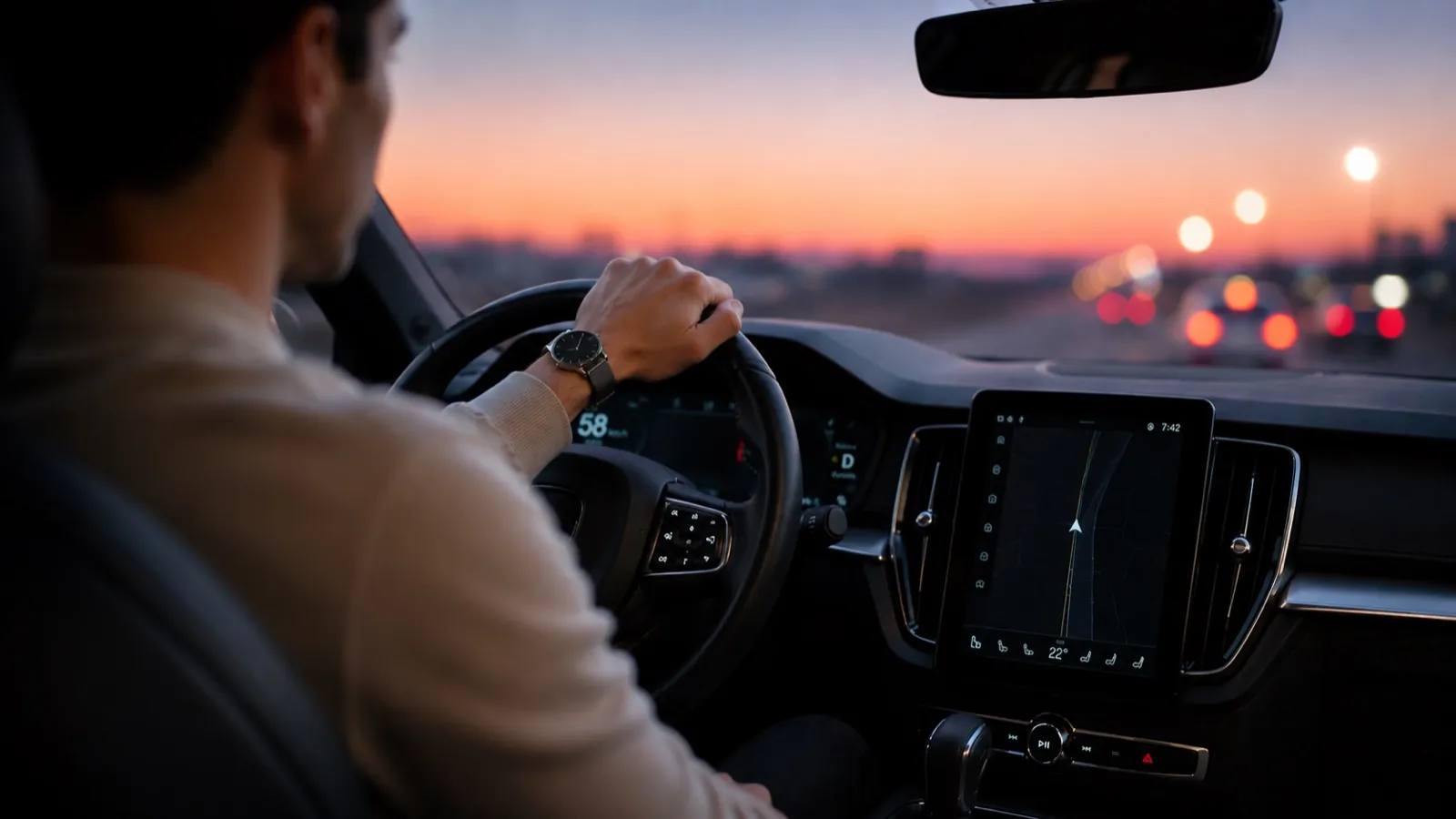 An Orbit driver at the wheel at sunset