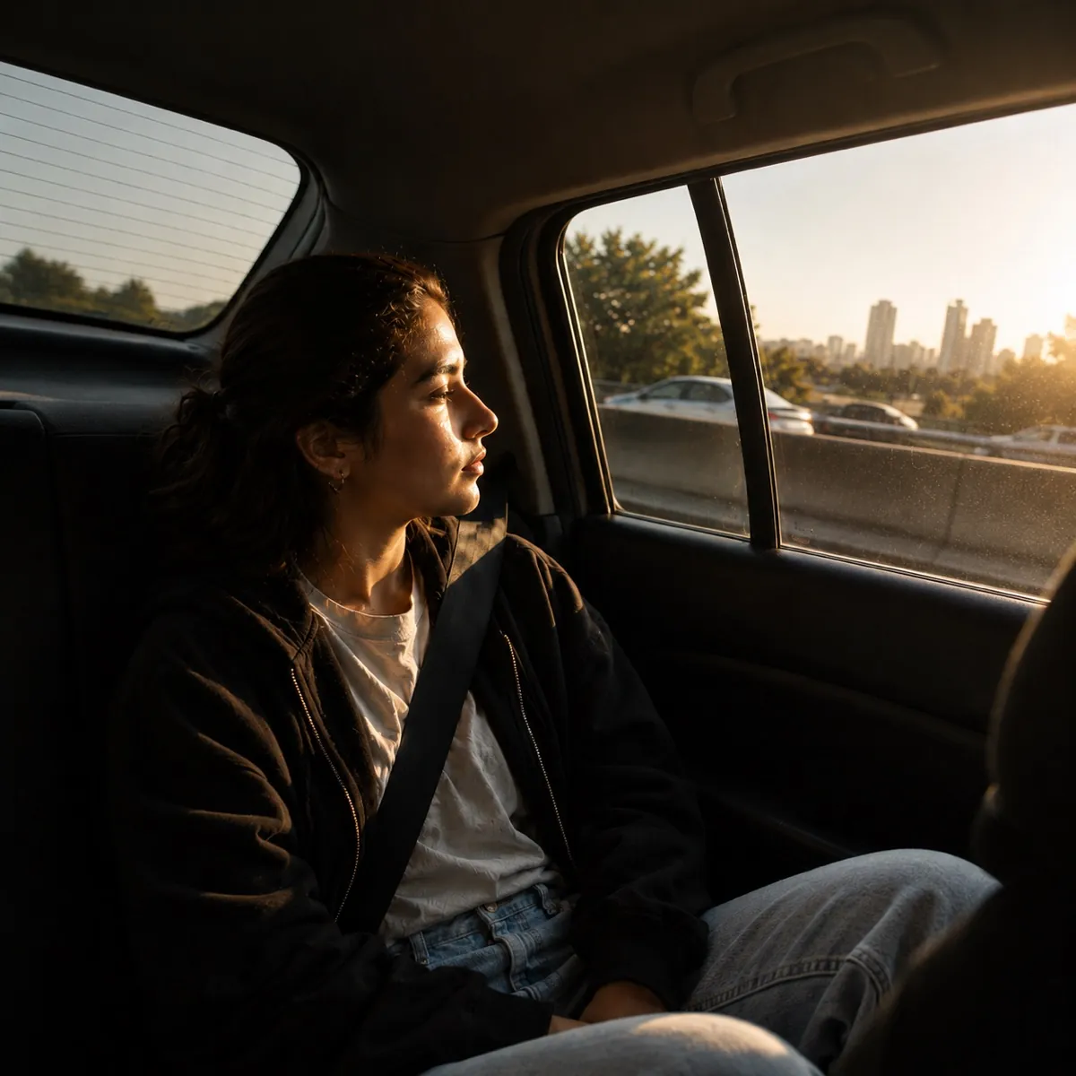 A passenger looking out of an Orbit car window at sunset